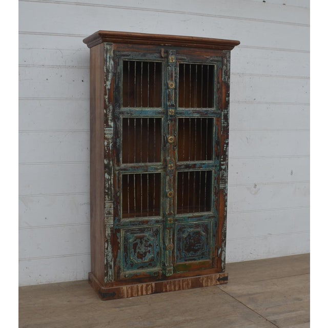 2020s Solid Reclaimed Teak Cabinet With Iron Bars & Decorative Detailing, 2 Doors For Sale - Image 5 of 6