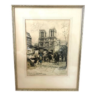Luigi Kasimir "Bouguinistes" "Booksellers at Notre Dame" Etching For Sale