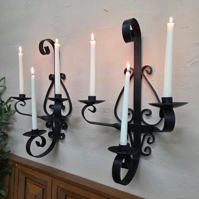 Black 1960 Spanish Revival Three-Arm Wrought Iron Candle Sconces, Pair For Sale - Image 8 of 14