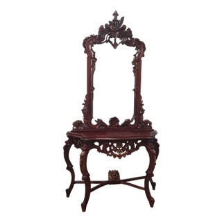 Hand-Carved Mahogany Console Table & Mirror, Grape Carved For Sale