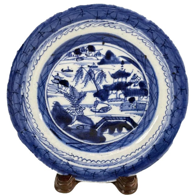 Antique 19th Century Chinese Canton Export Blue & White Porcelain Plate & Stand For Sale - Image 9 of 10