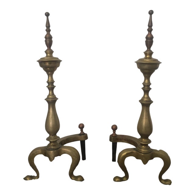 Antique Turned Baluster Brass Fireplace Andirons Fire Dogs - a Pair For Sale