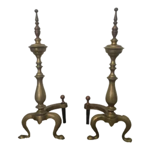 Antique Turned Baluster Brass Fireplace Andirons Fire Dogs - a Pair
