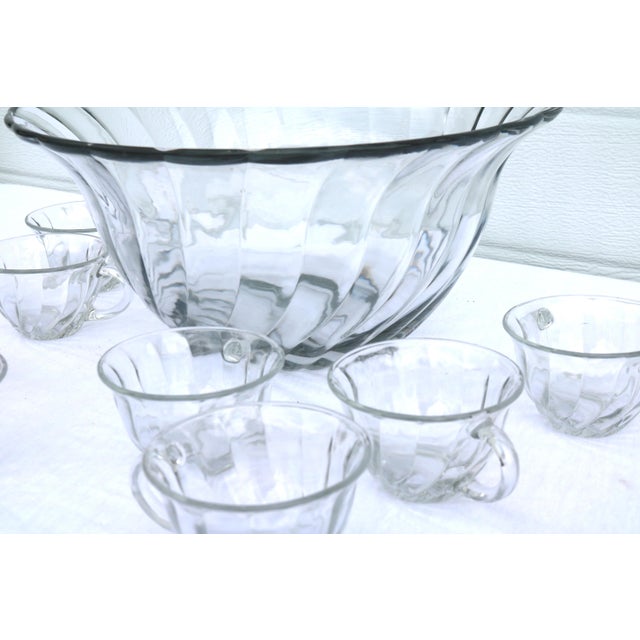Vintage Anchor Hocking Victoria Optic Swirl Clear Punch Bowl and 8 Cups For Sale In Cincinnati - Image 6 of 8