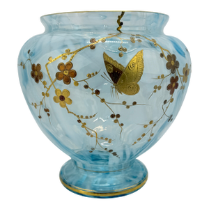 Harrach Bohemian Art Glass Vase, Gilt Butterfly & Floral Enamel C. 1900