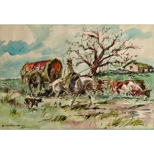 This artwork titled "Guiding the Herd" 1967 is a watercolor and ink on paper by noted Uruguayan artist Enrique Castells...