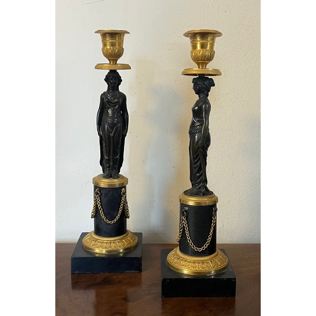 Metal Antique Early 19th Century French Empire Gilt & Patinated Bronze Caryatid Candlestick Holders Circa 1810 - A Pai For Sale - Image 7 of 12