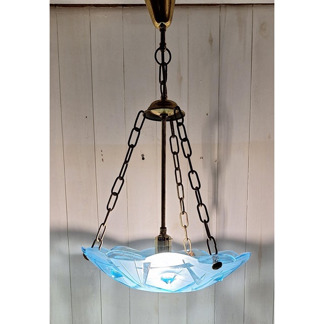 Art Deco French Ceiling Lamp in Blue Glass with Brass Mounting, 1930s For Sale - Image 3 of 8