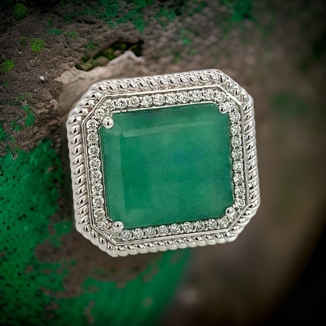 Natural Emerald Diamond Ring Size 6.25 14k W Gold 13.14 TCW Certified For Sale - Image 15 of 18