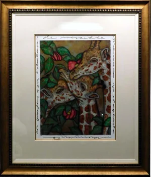 1990s "Gentle Giants" Giraffes on Paper Print by Luis Sottil, Framed