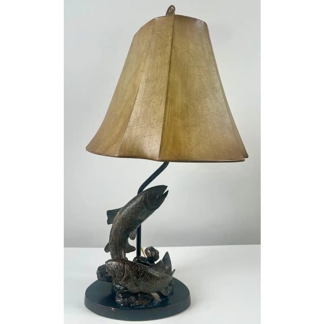 Rustic Rustic Style Flying Trout Table Lamp With Bronzed Base and Faux Leather Shade For Sale - Image 3 of 18