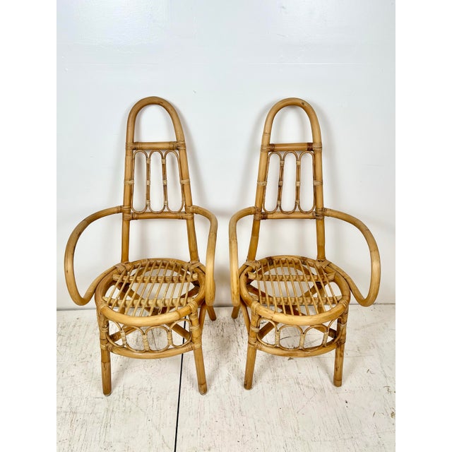 Mid-Century Modern Vintage Tall Back Rattan Arm Chairs- A Pair For Sale - Image 3 of 12