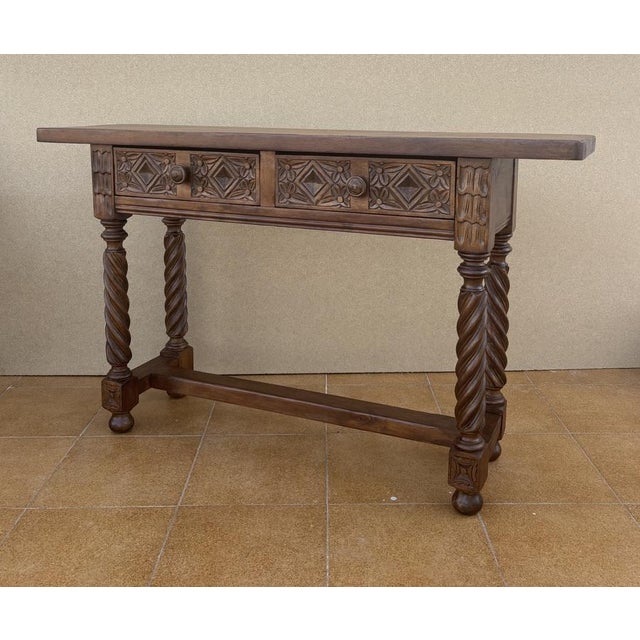 Spanish Carved Console Table with Barley Twist Legs and Drawers, 1930s For Sale - Image 6 of 13