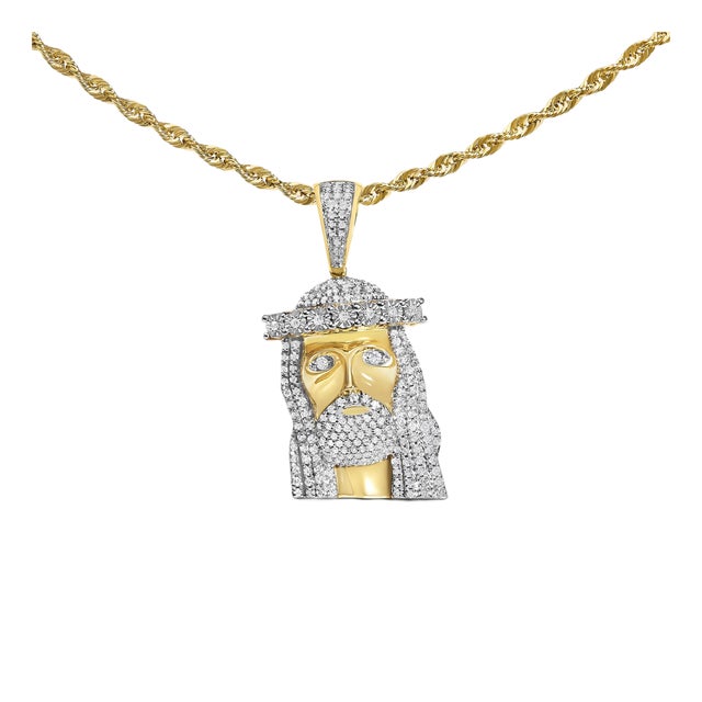 Men's 10K Yellow Gold 1 1/3 Cttw Diamond Studded Jesus Pendant Necklace For Sale