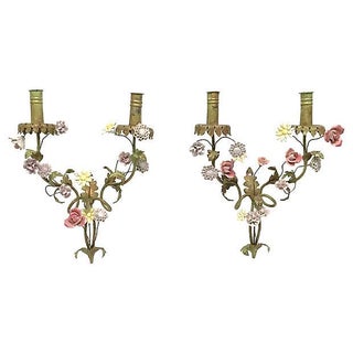 19th Century Antique French Tole & Porcelain Floral Sconces - Pair For Sale