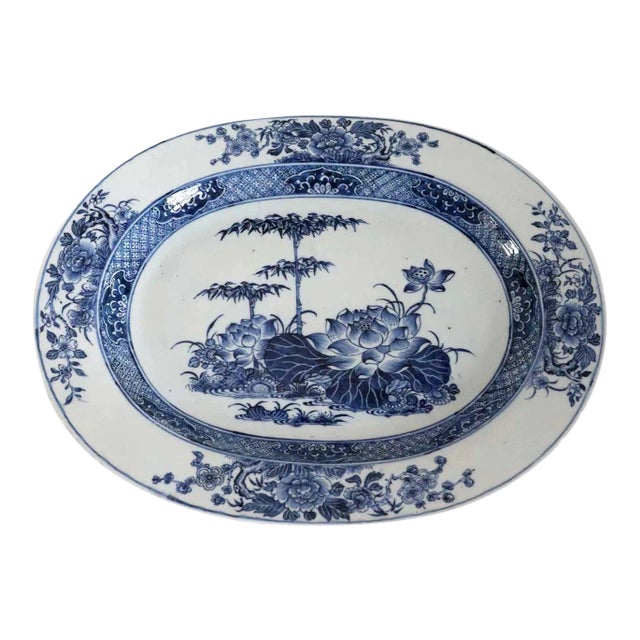 Chinese Export Porcelain Blue & White Bamboo & Floral Platter For Sale