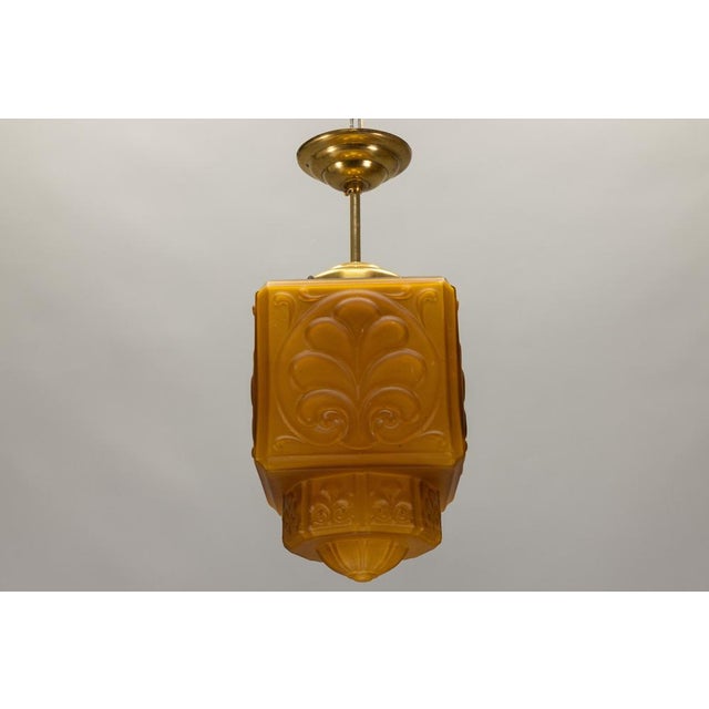 French Art Deco Pendant Light in Molded Amber Glass & Brass, 1930s For Sale - Image 12 of 18