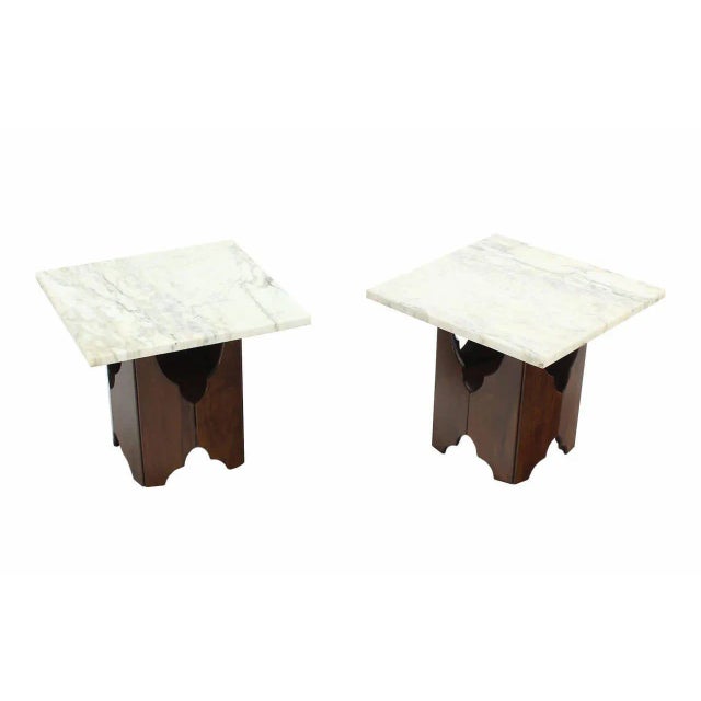Mid-Century Modern Walnut Base Square Marble Top End Side Tables- a Pair For Sale - Image 6 of 8