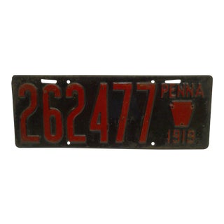 Vintage Metal Automobile License Plate 1919 PENNA - "262477" For Sale