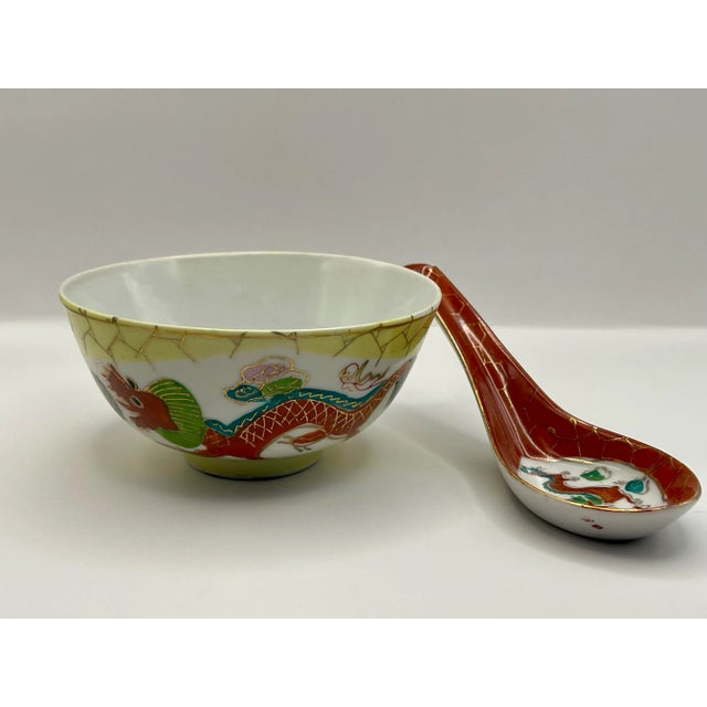 Canary Yellow 1950s Asian Dragon Ramen Bowl & Spoon For Sale - Image 8 of 10