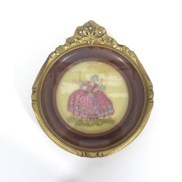 Gold Early 20th Century Small Round Victorian Style Giltwood Plaster Gold Carved Wood Frame Chippy Picture Frame Gilded With Needlepoint For Sale - Image 8 of 9