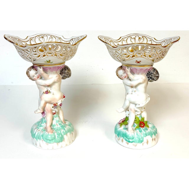 Rococo Pair KPM Berlin Rococo Revival Porcelain Figural Tazza, Reticulated Gilt Bowls For Sale - Image 3 of 18