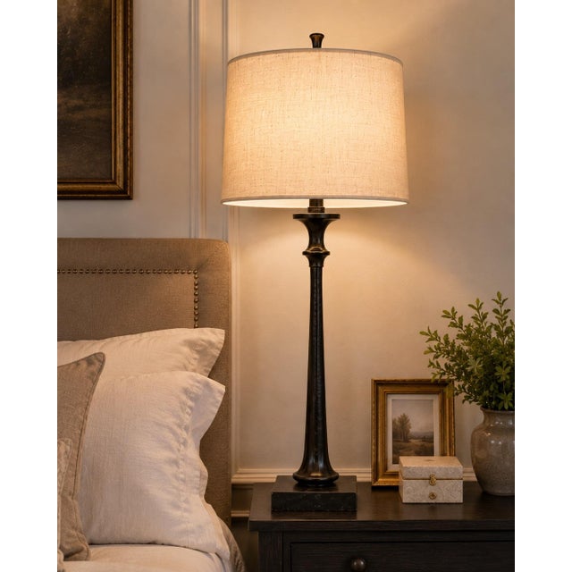 Restoration Hardware Late 20th Century Restoration Hardware Architectural Candlestick Table Lamps With Belgian Linen Drum Shades - a Pair For Sale - Image 4 of 4