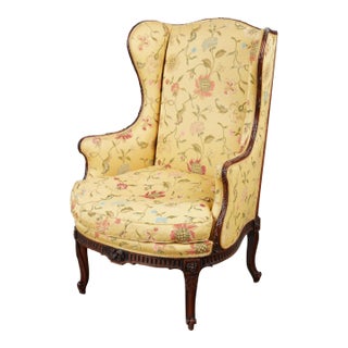 Antique Louis XV Provincial Style Walnut Bergere Wingback Chair W Scalamandre Silk For Sale