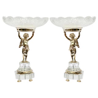 French Silver Plate Cherub Comports Rock Crystal Statues, Set of 2 For Sale