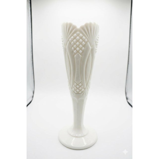 Vintage 12" Tall Milk Glass Geometric Sunburst Trophy Vase - Mid-Century For Sale - Image 4 of 4