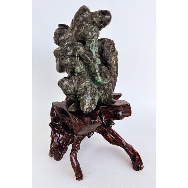 Green Asian Carved Figurative Precious Stone Sculpture on Root Stand For Sale - Image 8 of 10