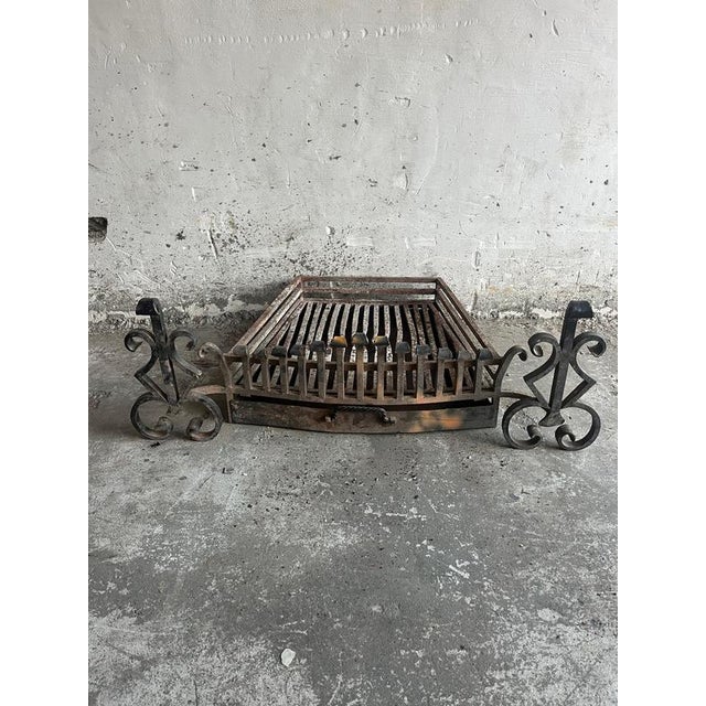 Metal Vintage Wrought Iron Fireplace Grate with Andirons, Set of 3 For Sale - Image 7 of 7