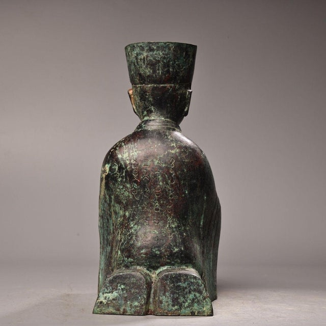 Ancient Chinese Bronze Kneeling Figure Lamp Base With Inscription – Ritual Oil Lamp Stand Sculpture For Sale - Image 4 of 10