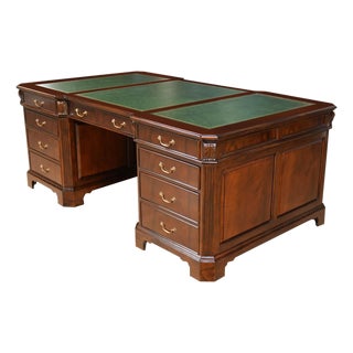 Large Mahogany Green Leather Partner Desk For Sale