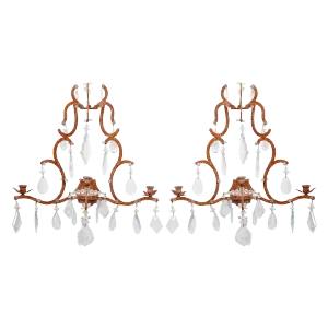 Vintage Rock Crystal & Wrought Iron Sconces - A Pair