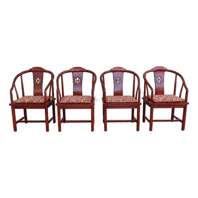 Vintage Chinese Horseshoe Back Arm Chairs With Palm Pattern Seat Cushions. Set of 4. For Sale