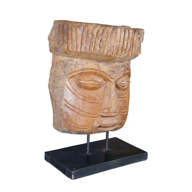 Tribal Early 20th Century Primitive Wooden Mesoamerican Style Hand Carved Mask Sculpture on Stand Statue For Sale - Image 3 of 12