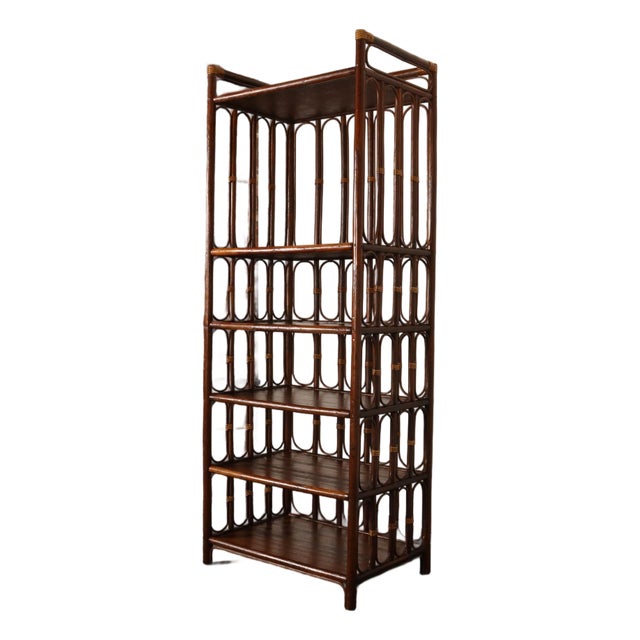 Vintage French Stained Bamboo and Rattan Six Tier Open Etagere / Bookshelf For Sale