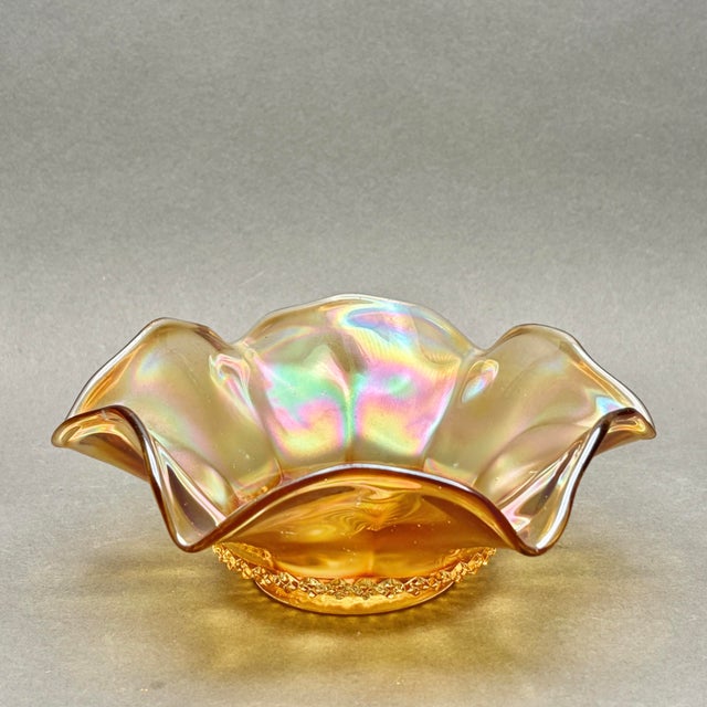 Art Deco Antique Imperial Glass “Optic Flute” Marigold Carnival Glass Ruffled Bowl For Sale - Image 3 of 7