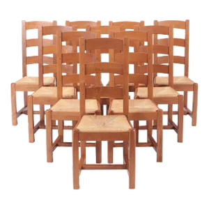1960s Oak Ladder Back French Chairs With Rush Seats - Set of 10