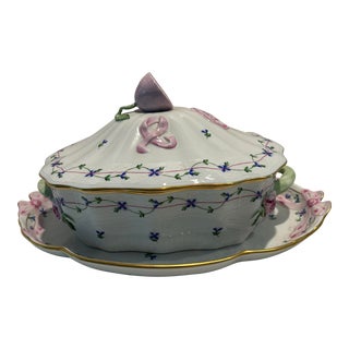 1980s Herend Blue Garland Large Soup Tureen & Platter Set- 2 Pieces For Sale