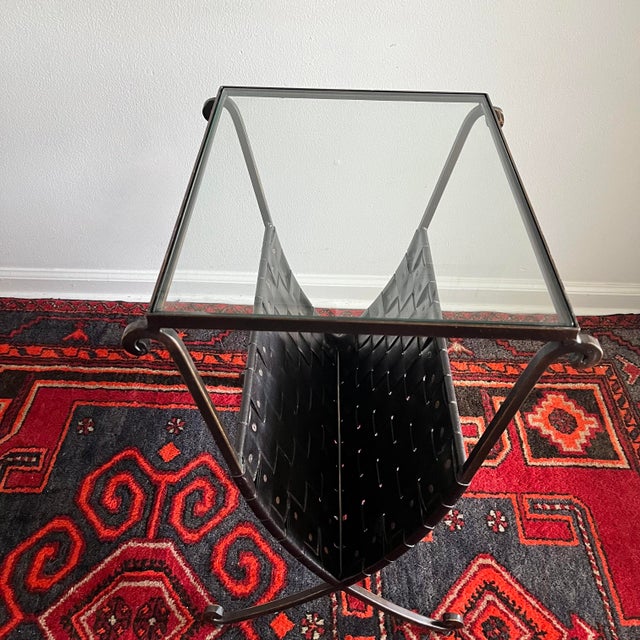 Black 1980s Side Table /Magazine Rack Woven Faux Leather Glass Top For Sale - Image 8 of 9
