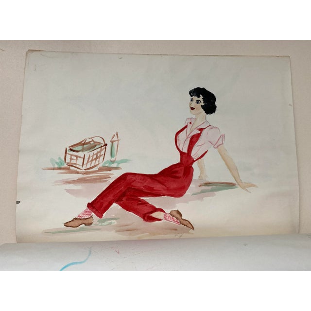 Off-white 1950s Mid Century Portfolio of Fashion Paintings For Sale - Image 8 of 11