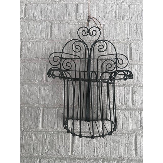 Vintage French Wrought Iron Wall-Mounted Scrollwork Plant Garden Basket 13” Tall X 11” Wide For Sale - Image 4 of 7