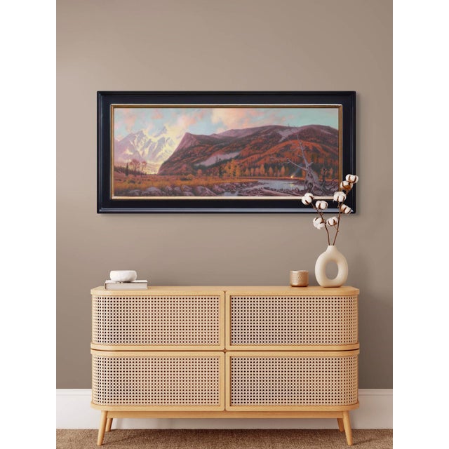 Contemporary Passing Through by Mark Harrison | Oil on canvas Landscape with mountains and a river at sunset For Sale - Image 3 of 5