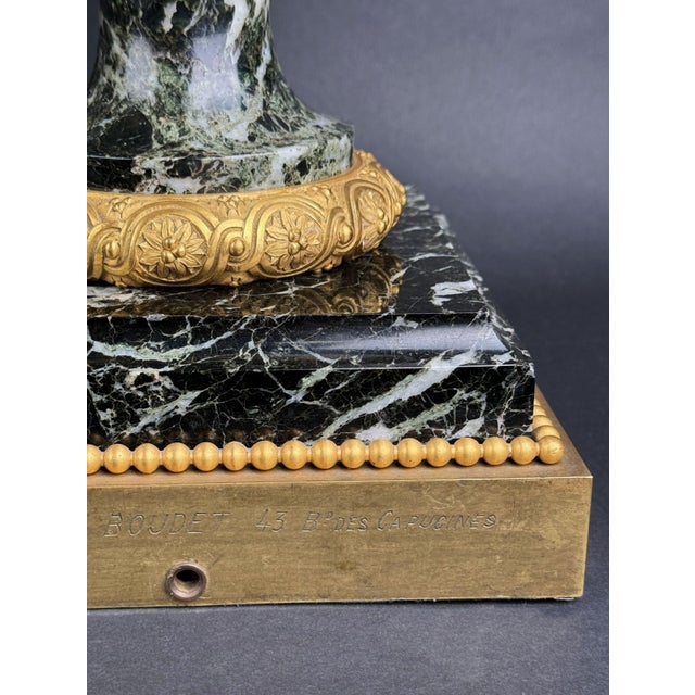 Black Large Pair of 19th C. Ormolu Mounted Verde Antico Marble Vases For Sale - Image 8 of 11