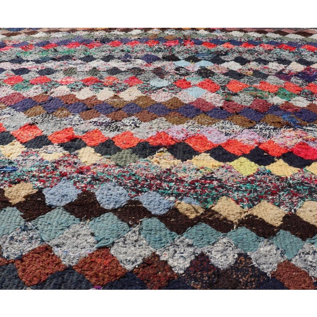 Mid 20th Century Vintage Moroccan Rag Rug With Diamond Pattern in Multicolor Tones 5'5 X 5'10 For Sale - Image 5 of 11