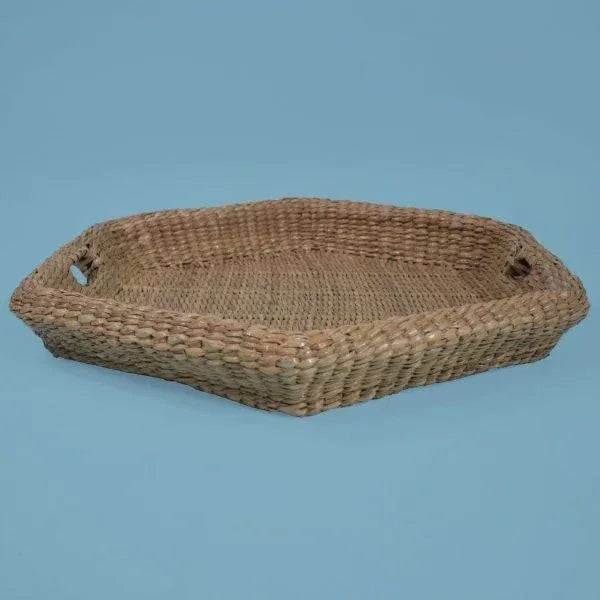Hexagonal Serving Tray by Mario Lopez Torres There are minor imperfections to the hand-made woven rattan. Est. 1974. Brass...