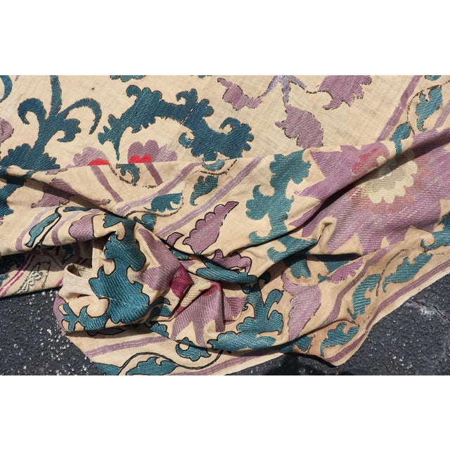 Antique Uzbekistan Suzani Textile With Medallion and Floral Vine Embroidery For Sale - Image 15 of 17