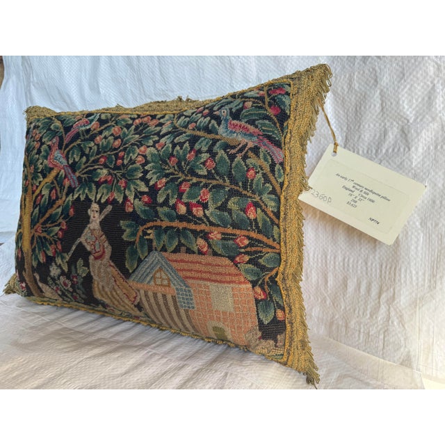 English Early 17th Century English Needlepoint Tapestry Pillow With Garden Figure and Birds For Sale - Image 3 of 4